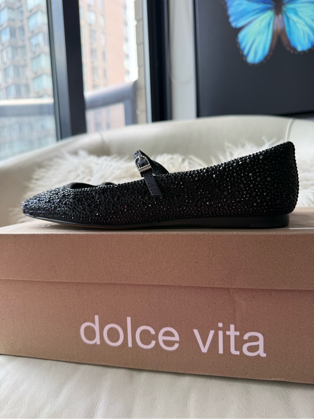 NIB, Ret. $135, Dolce Vita Reyes Crystal Ballet Flats – Black | Size 6
